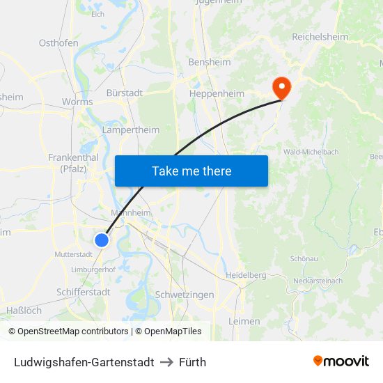 Ludwigshafen-Gartenstadt to Fürth map