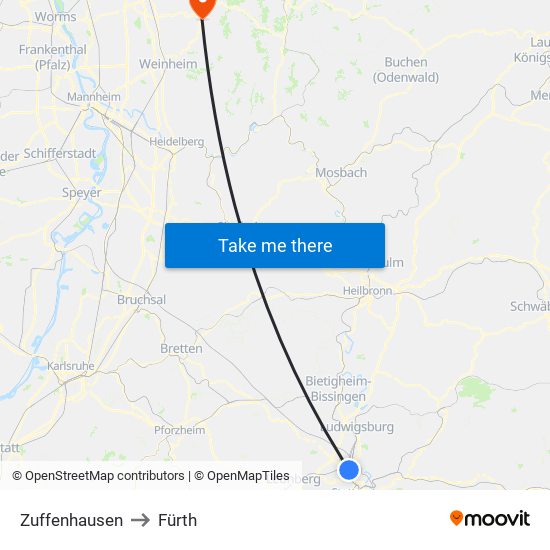 Zuffenhausen to Fürth map