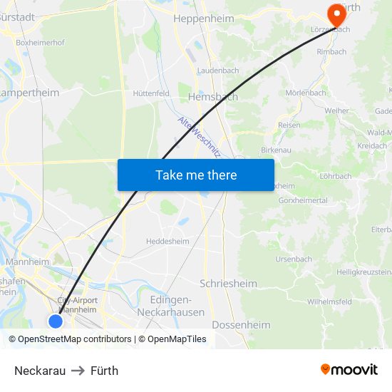 Neckarau to Fürth map