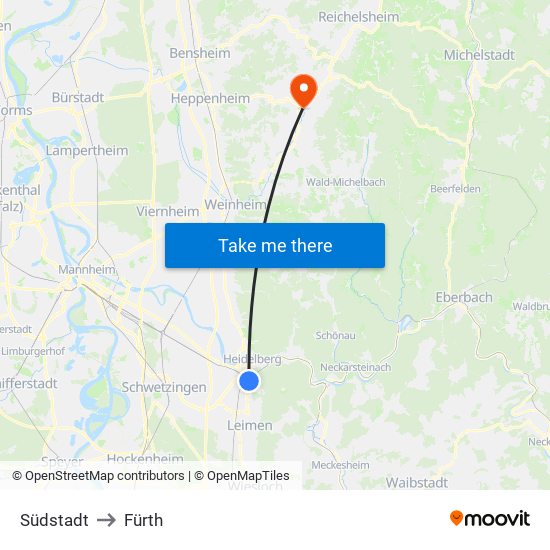 Südstadt to Fürth map