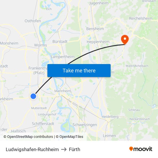 Ludwigshafen-Ruchheim to Fürth map