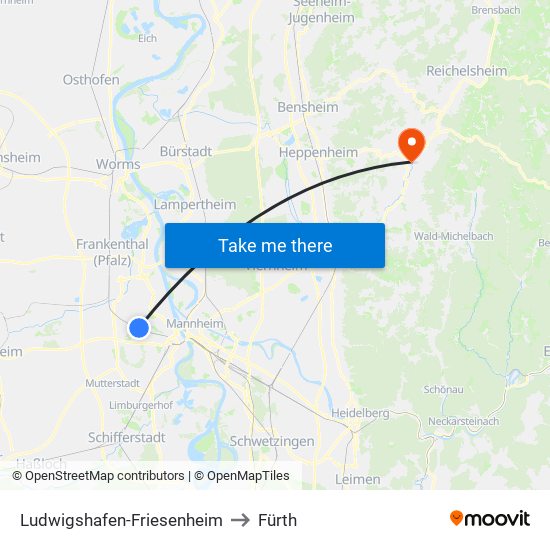 Ludwigshafen-Friesenheim to Fürth map