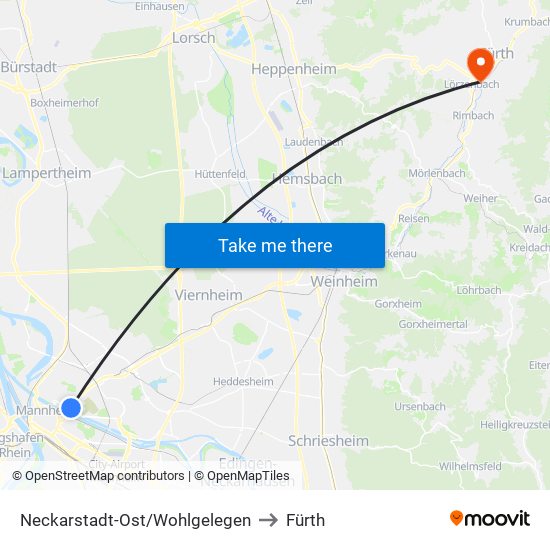 Neckarstadt-Ost/Wohlgelegen to Fürth map
