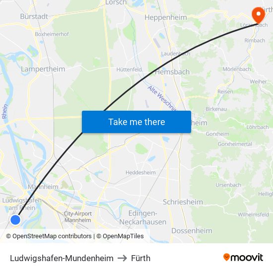 Ludwigshafen-Mundenheim to Fürth map