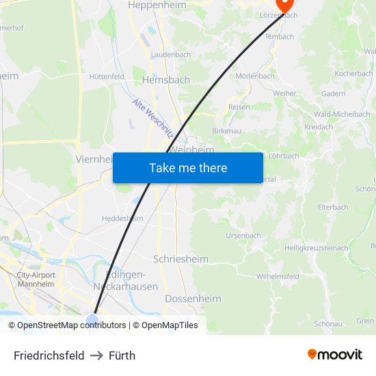 Friedrichsfeld to Fürth map