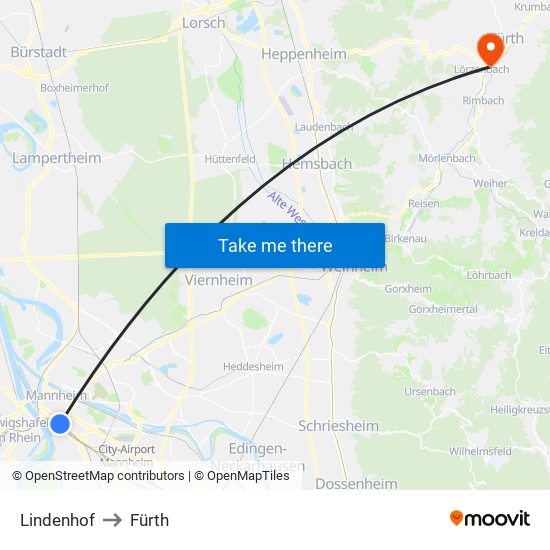 Lindenhof to Fürth map