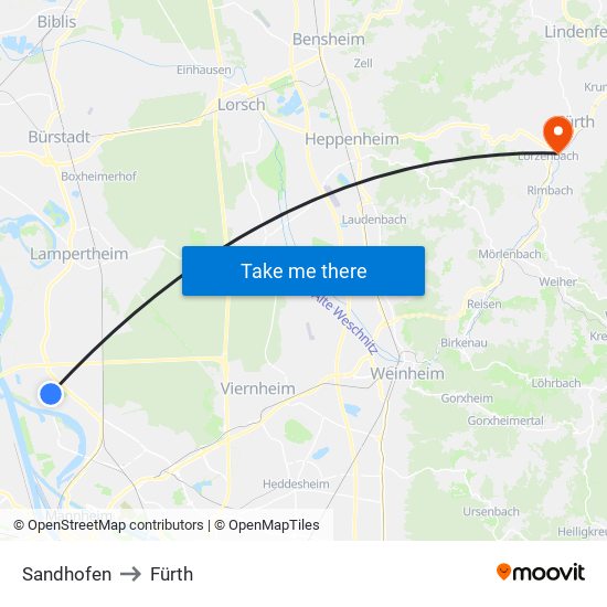 Sandhofen to Fürth map