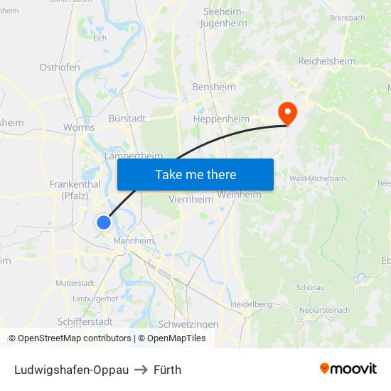 Ludwigshafen-Oppau to Fürth map