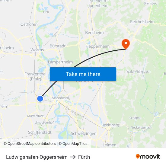 Ludwigshafen-Oggersheim to Fürth map