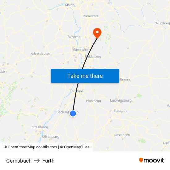 Gernsbach to Fürth map