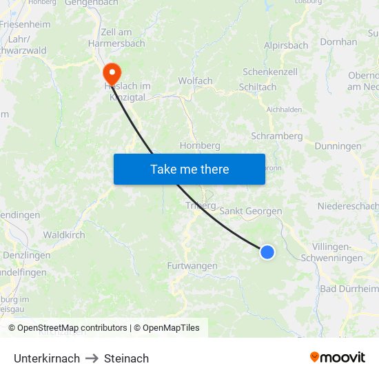 Unterkirnach to Steinach map