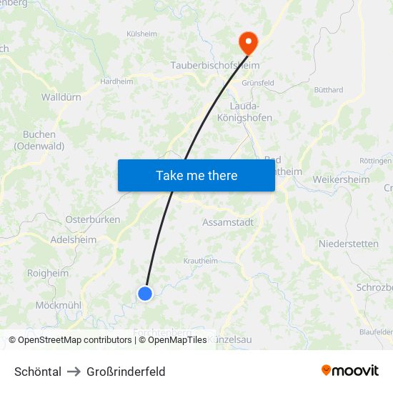 Schöntal to Großrinderfeld map