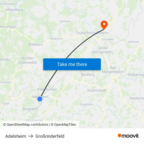 Adelsheim to Großrinderfeld map