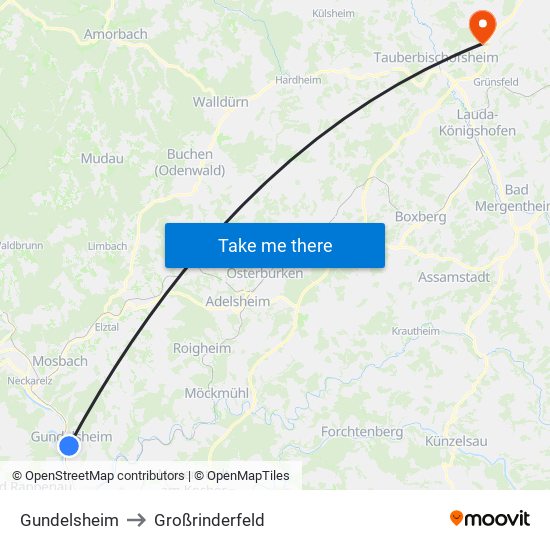 Gundelsheim to Großrinderfeld map