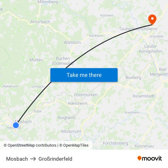 Mosbach to Großrinderfeld map