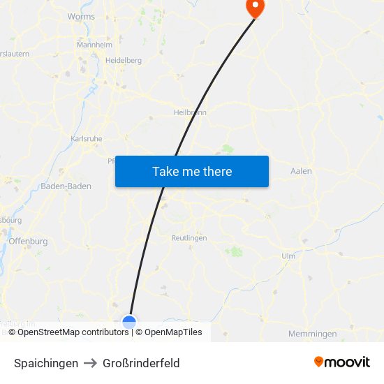 Spaichingen to Großrinderfeld map