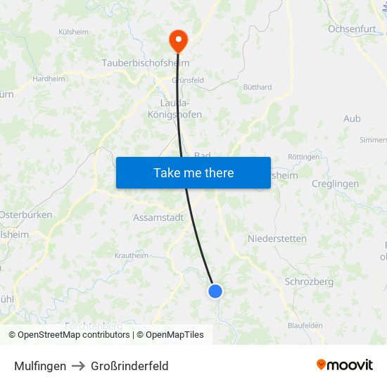 Mulfingen to Großrinderfeld map