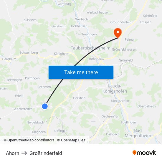 Ahorn to Großrinderfeld map