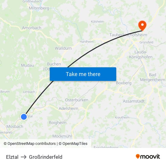 Elztal to Großrinderfeld map