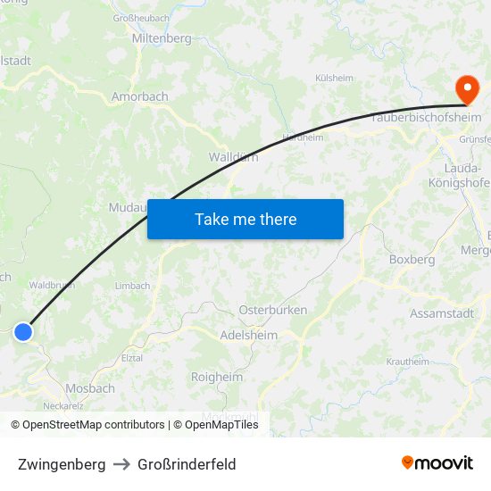 Zwingenberg to Großrinderfeld map