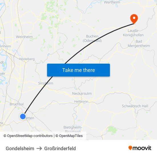 Gondelsheim to Großrinderfeld map