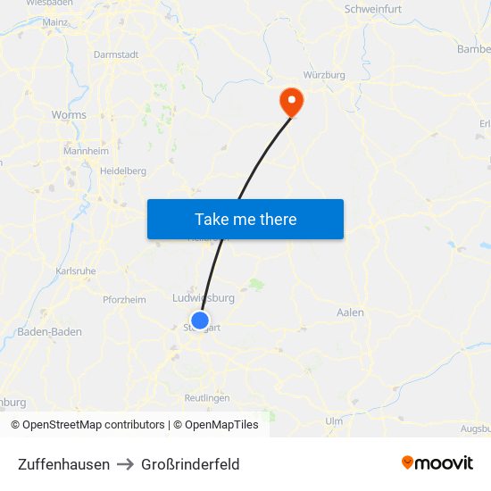 Zuffenhausen to Großrinderfeld map