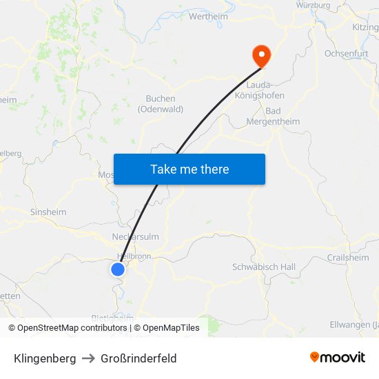 Klingenberg to Großrinderfeld map