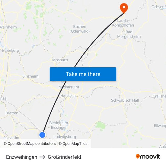 Enzweihingen to Großrinderfeld map