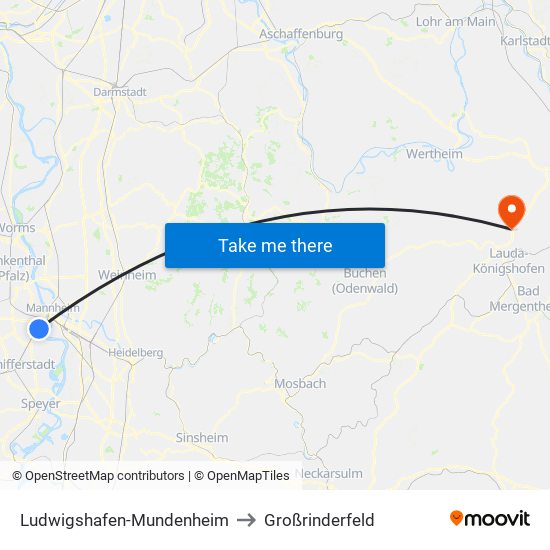 Ludwigshafen-Mundenheim to Großrinderfeld map