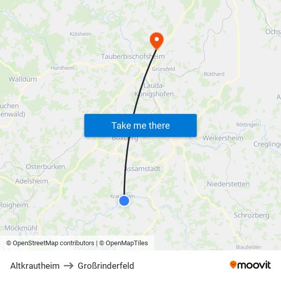 Altkrautheim to Großrinderfeld map