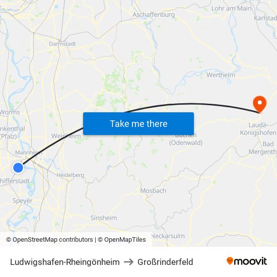 Ludwigshafen-Rheingönheim to Großrinderfeld map