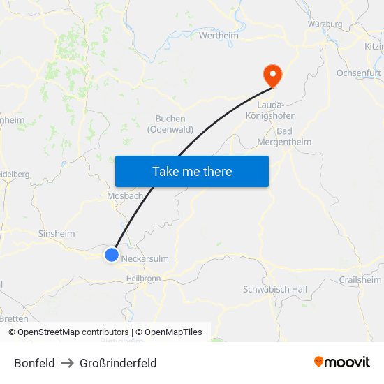 Bonfeld to Großrinderfeld map