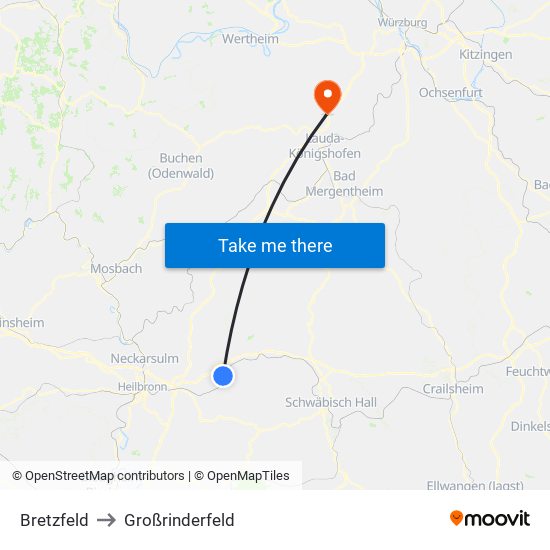 Bretzfeld to Großrinderfeld map