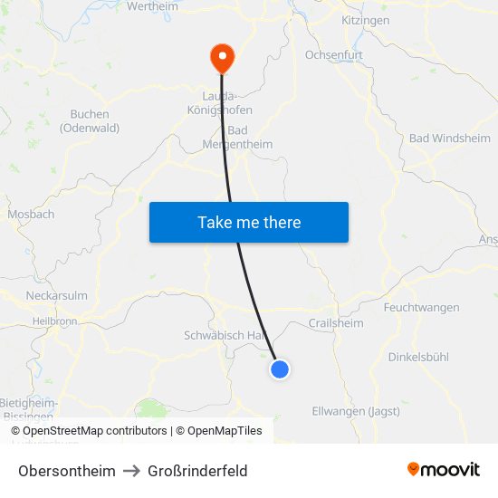 Obersontheim to Großrinderfeld map