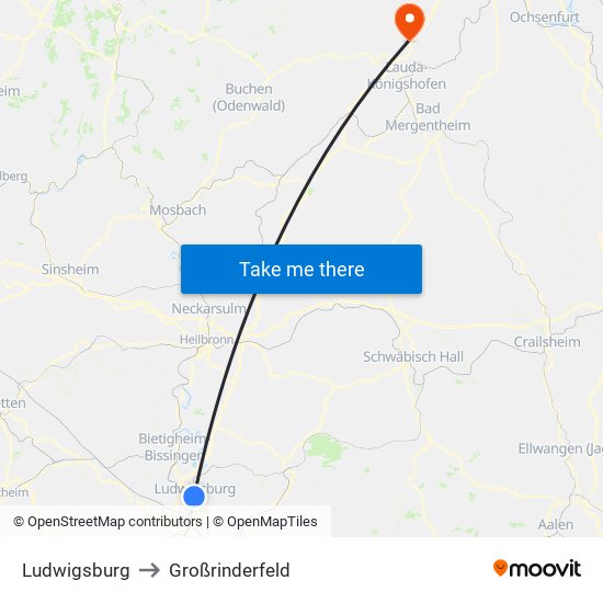 Ludwigsburg to Großrinderfeld map