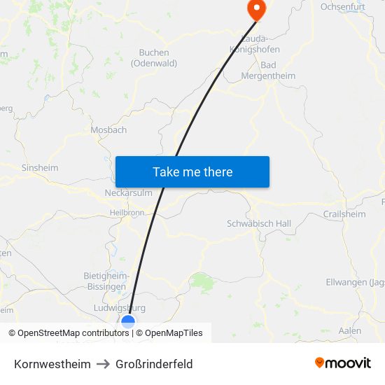 Kornwestheim to Großrinderfeld map