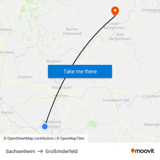 Sachsenheim to Großrinderfeld map