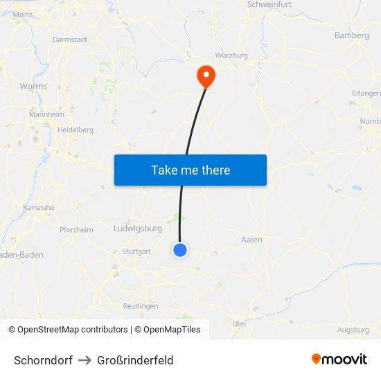 Schorndorf to Großrinderfeld map