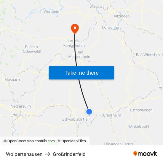 Wolpertshausen to Großrinderfeld map