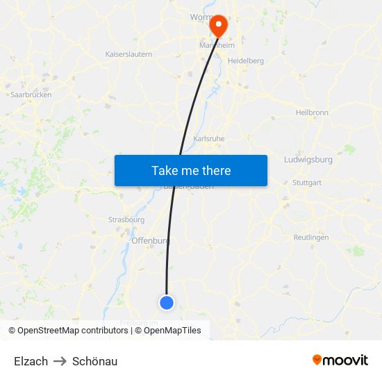 Elzach to Schönau map