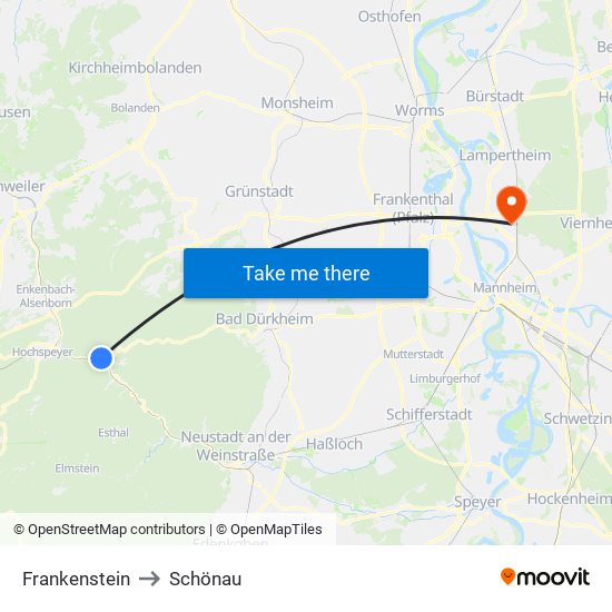 Frankenstein to Schönau map