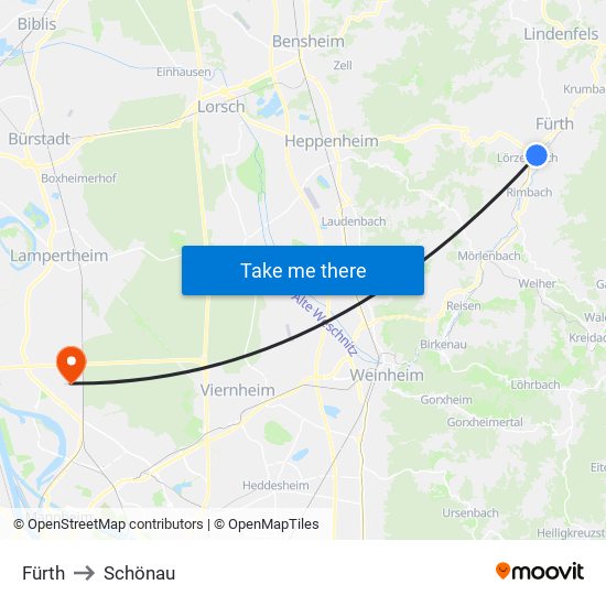 Fürth to Schönau map