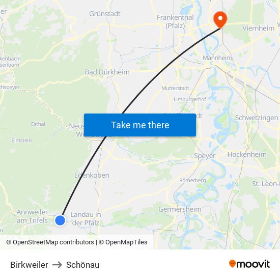 Birkweiler to Schönau map