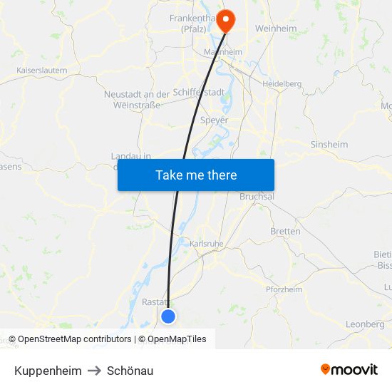 Kuppenheim to Schönau map