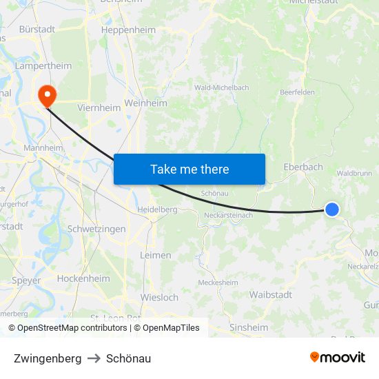 Zwingenberg to Schönau map