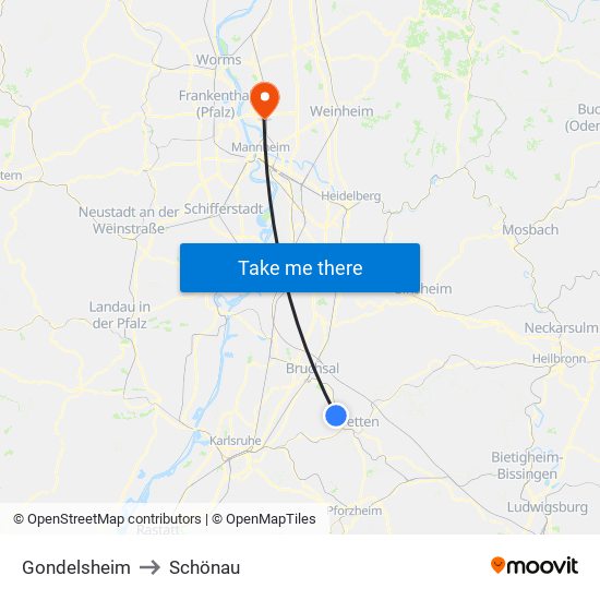 Gondelsheim to Schönau map