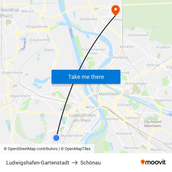 Ludwigshafen-Gartenstadt to Schönau map