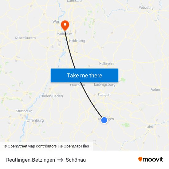 Reutlingen-Betzingen to Schönau map