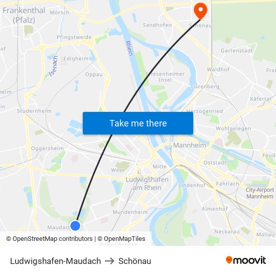 Ludwigshafen-Maudach to Schönau map