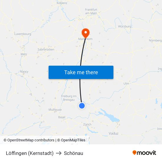 Löffingen (Kernstadt) to Schönau map